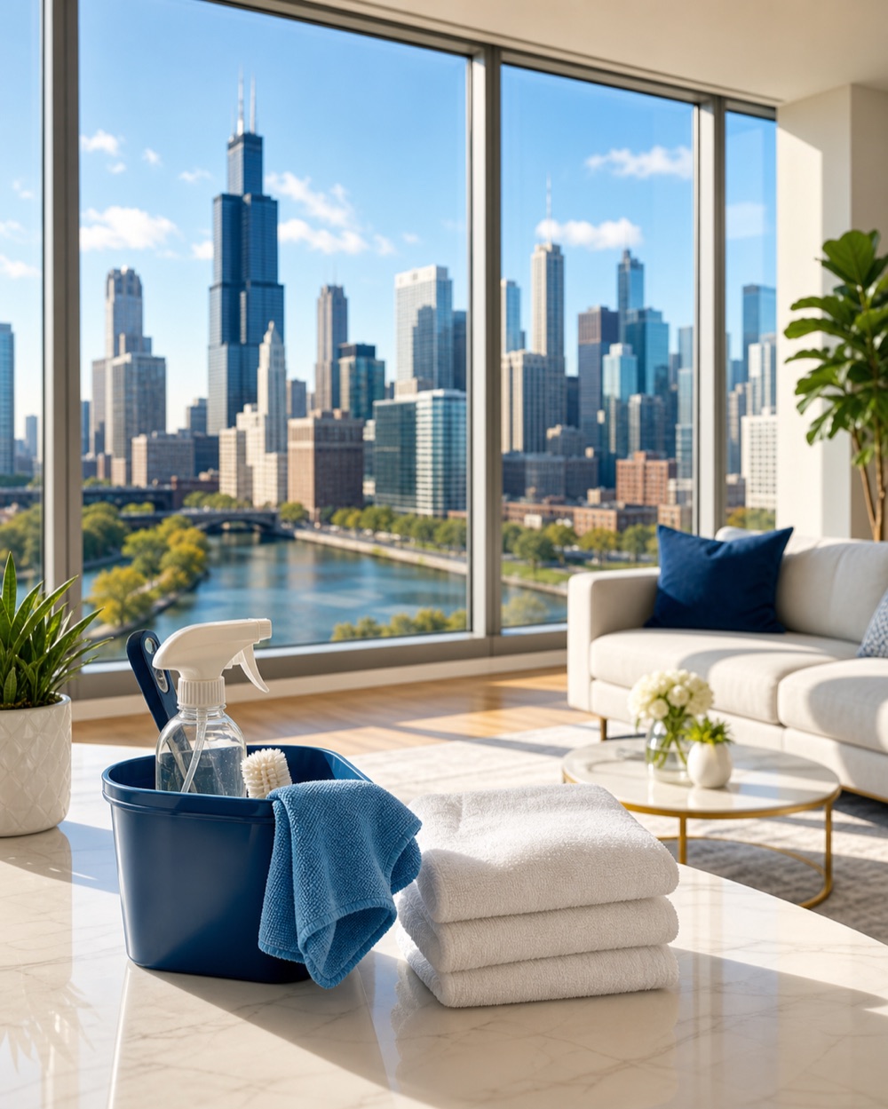Spotless Chicago apartment with cleaning supplies and skyline view
